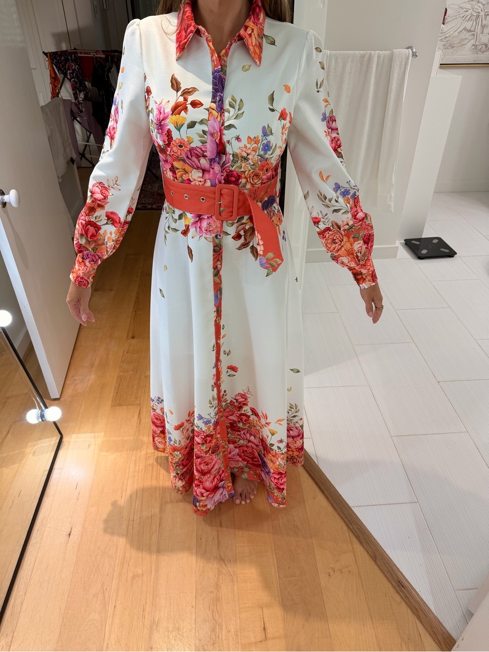 Floral Long Sleeve Belted Maxi Dress — White with Red Floral